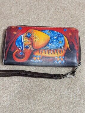 Wallet Wristlet Large Full Zip Multiple Pockets Elephant Red Faux Leather